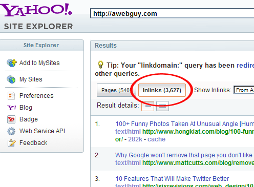 Backlink search on Yahoo! for awebguy.com