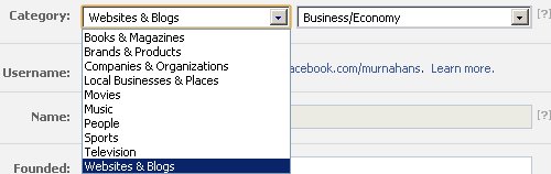 Facebook Page Category Selection