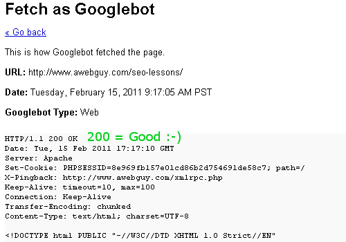 Googlebot Fetch with 200 Status Code