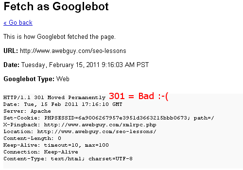 Googlebot Fetch with 301 Status Code